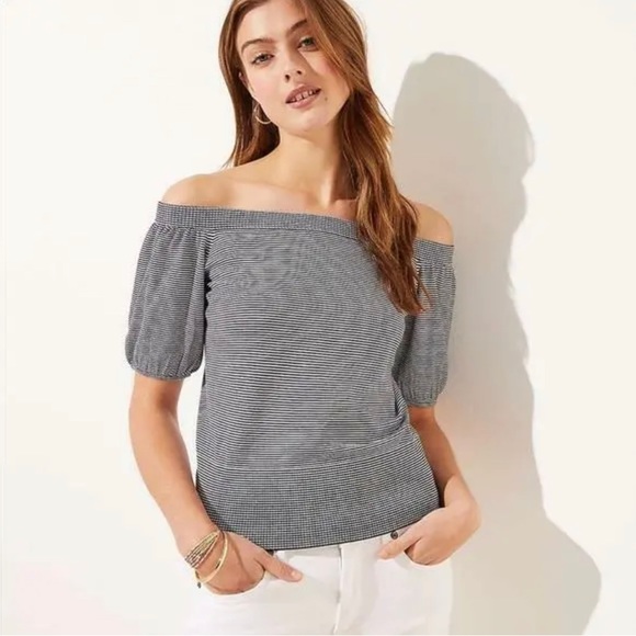 LOFT Tops - NEW LOFT Off Shoulder Knit Top Womens Large XL White Blue Striped Casual
